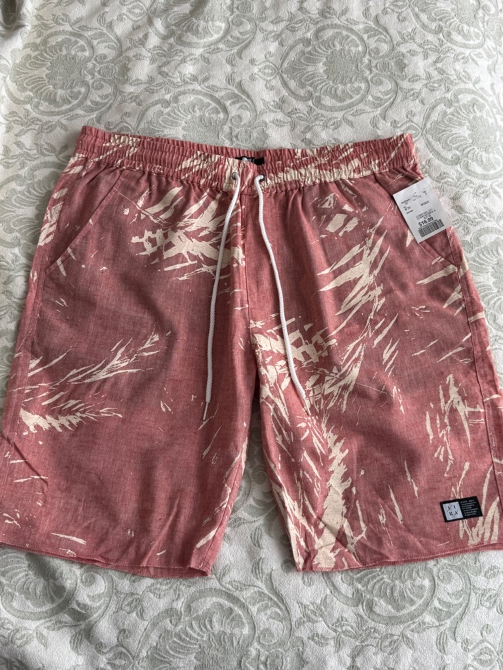 Kirkland Signature Pink Swim Board Shorts with Cream Abstract Print